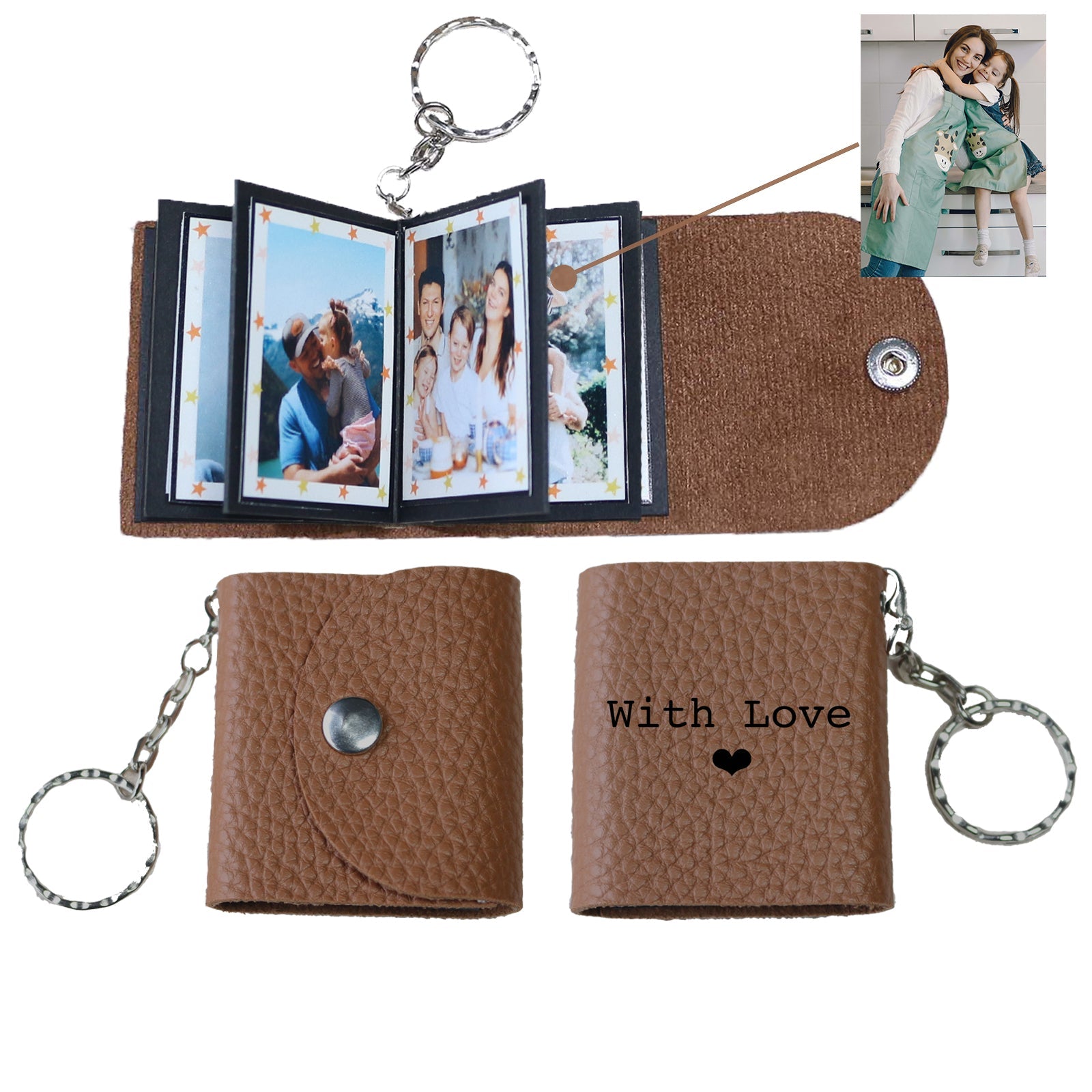 Personalized Mini Photo Keychain,Picture Keychains(Light brown) Personalized Album, Mini Cute Key Ring Keychain with Picture Book for Family, Boyfriend, Couples, Dog, Friends - uniqicon