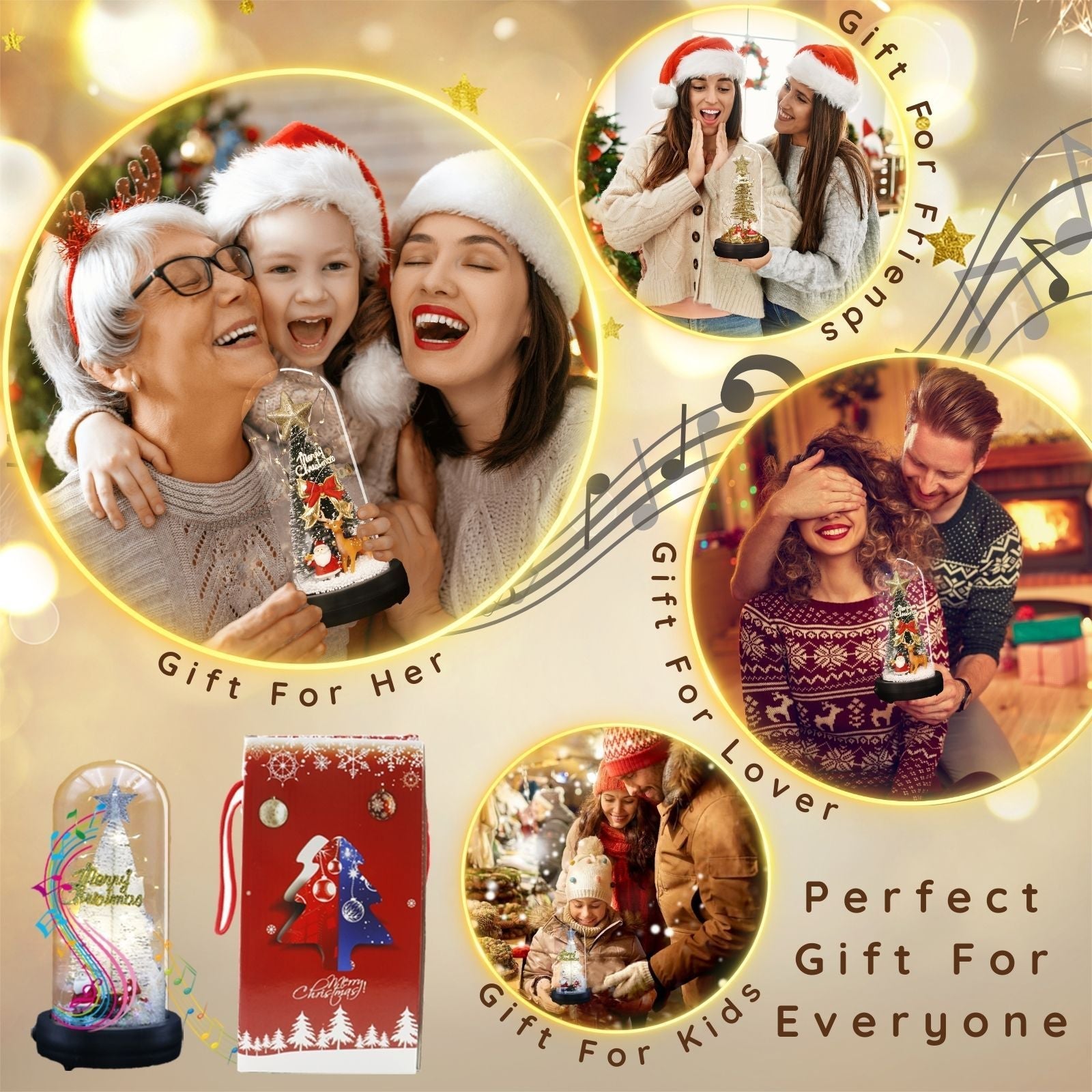uniqicon LED Christmas Tree Music Box in Glass Dome with Santa Claus, Snowflakes Decorations Tree Present, Indoor Home Decor Gifts, Christmas Music Wooden Box Gifts for Girls Women Mom Friend - uniqicon