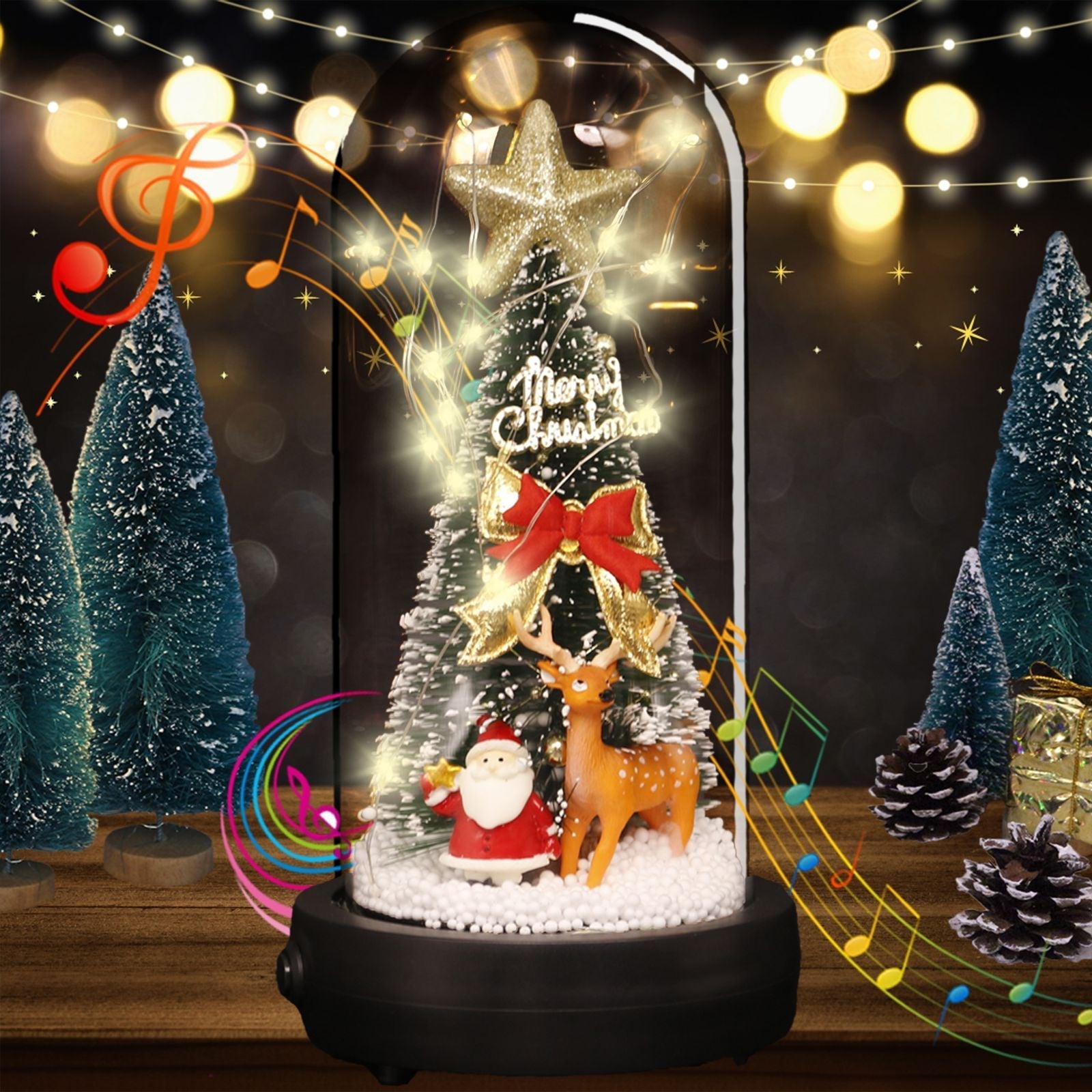 uniqicon LED Christmas Tree Music Box in Glass Dome with Santa Claus, Snowflakes Decorations Tree Present, Indoor Home Decor Gifts, Christmas Music Wooden Box Gifts for Girls Women Mom Friend - uniqicon