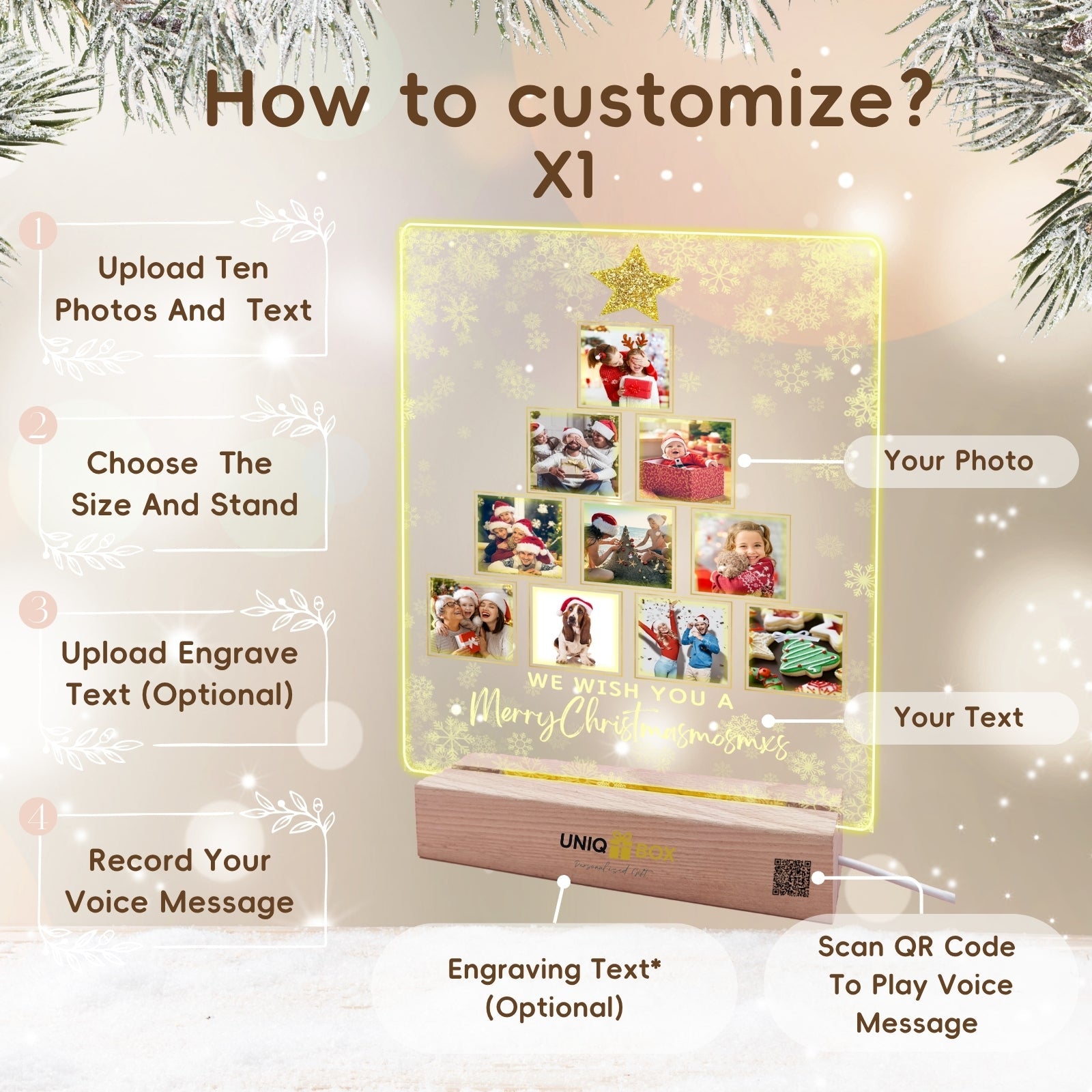 Christmas Tree Gift Night Light with Wooden Base, Personalised Photo LED Lamp, Customised Family Photo Keepsake for Dad Daddy Mum Grandma from Son Daughter Kids, Unique Acrylic Home Decor for Couple - uniqicon
